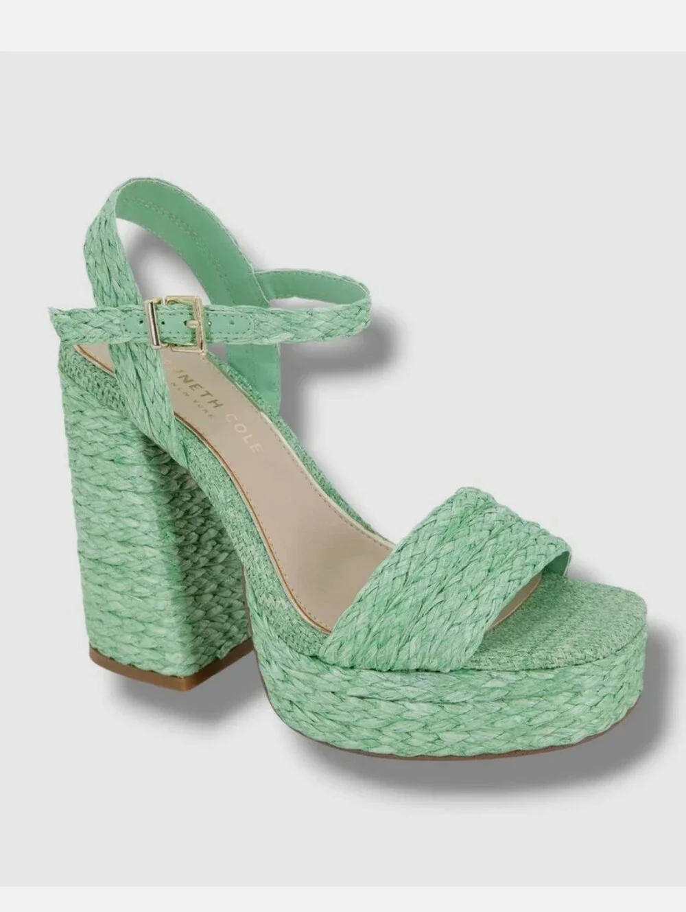 New w/Box Kenneth Cole NY Dolly Mint Green Raffia Platform Dress Sandals Size 9
